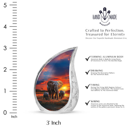 Navy Blue Elephant Cremation Urn angled view of lid and engraved motif - flowing teardrop elephant silhouette on curved aluminum - mini keepsake memorial for portion of cremation ashes