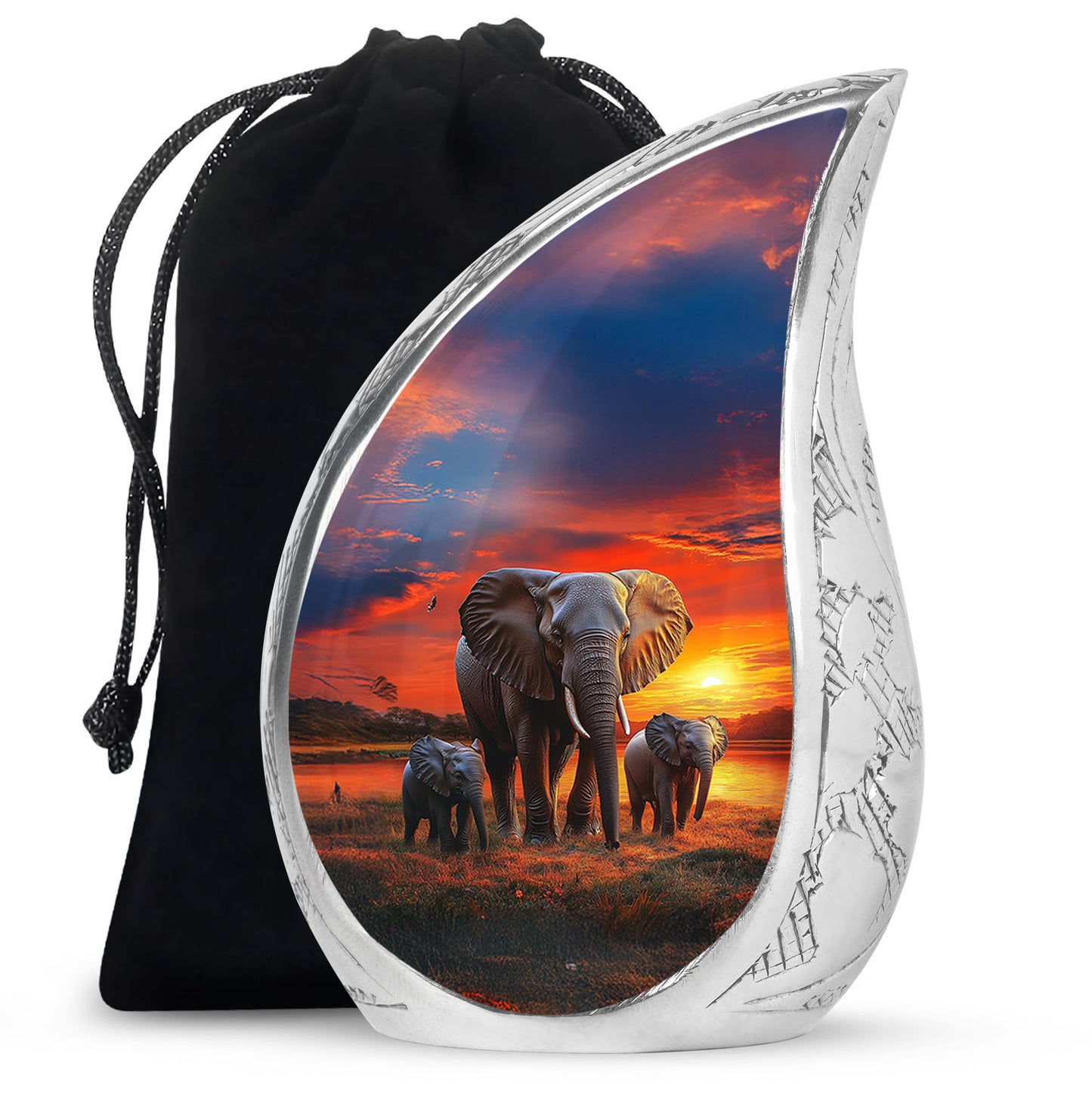 Calming Blue Elephant Cremation Urn front view showing detailed design - smooth teardrop contour featuring elephant art - full-size 10 inch 200 cubic inch adult cremation urn