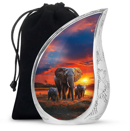 Calming Blue Elephant Cremation Urn front view showing detailed design - smooth teardrop contour featuring elephant art - full-size 10 inch 200 cubic inch adult cremation urn