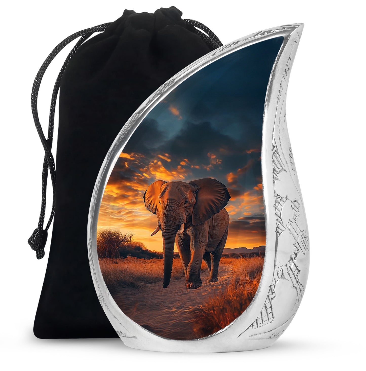 Ebony Elephant Cremation Urn front view showing detailed design - flowing teardrop elephant silhouette on curved aluminum - full-size 10 inch 200 cubic inch adult cremation urn