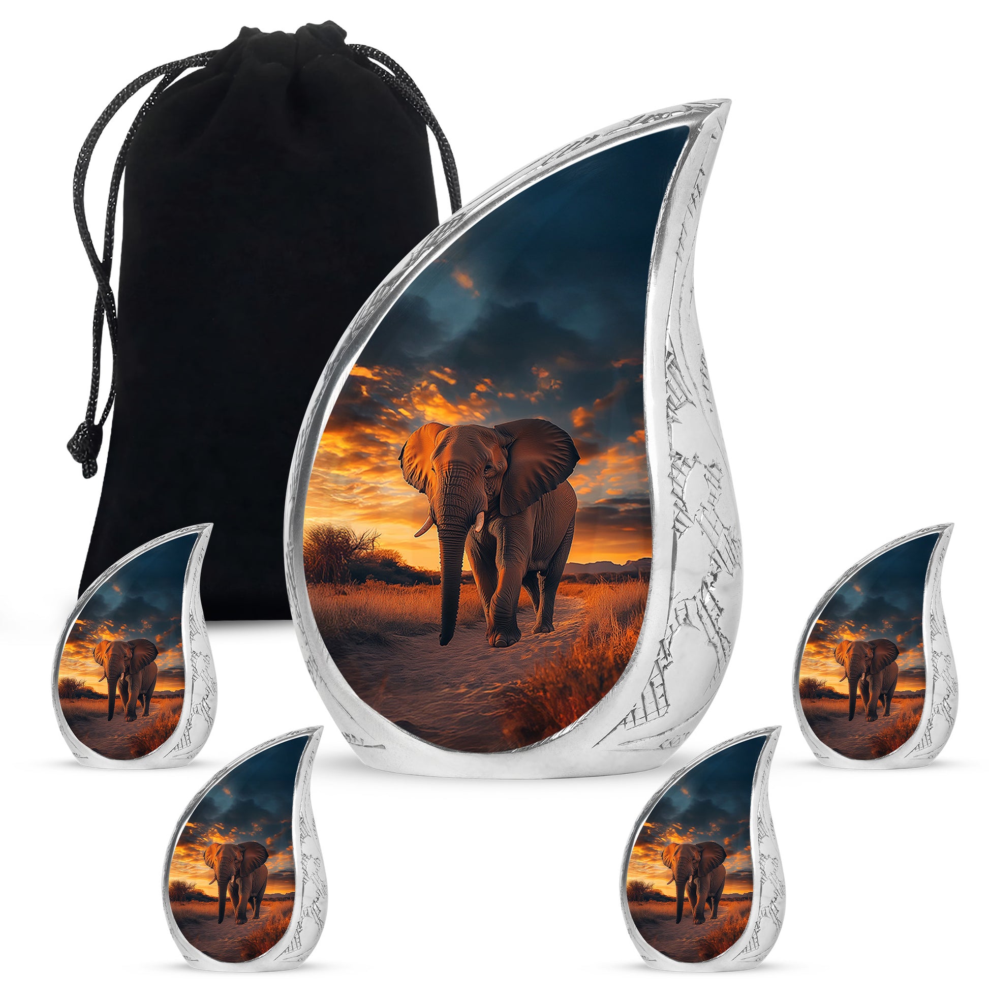 Onyx Black Elephant Cremation Urn side profile showing urn shape - graceful tear-shaped urn with elephant motif - memorial set with one large and four small urns