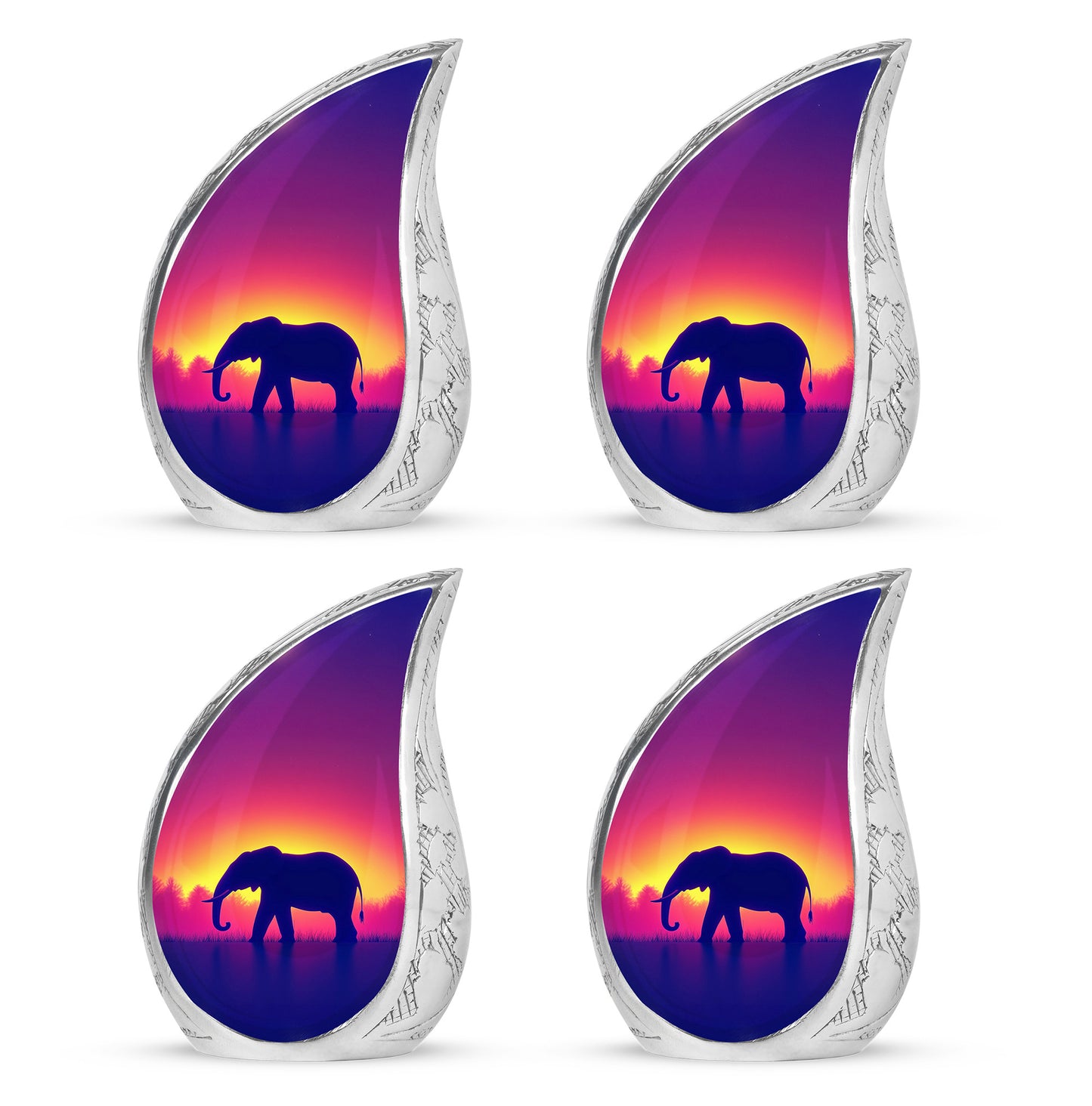 Petal Pink Elephant Cremation Urn close-up of engraving and surface detail - smooth teardrop contour featuring elephant art - 10 inch aluminum urn for cremated remains