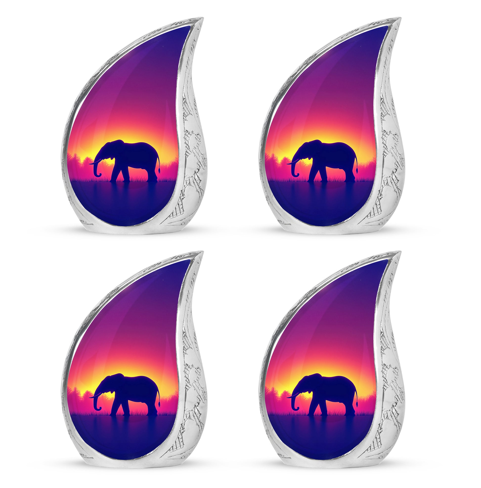Petal Pink Elephant Cremation Urn close-up of engraving and surface detail - smooth teardrop contour featuring elephant art - 10 inch aluminum urn for cremated remains