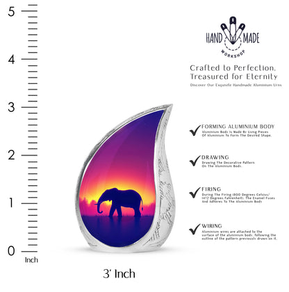 Peony Pink Elephant Cremation Urn angled view of lid and engraved motif - rounded teardrop elephant design with delicate detail - mini keepsake memorial for portion of cremation ashes