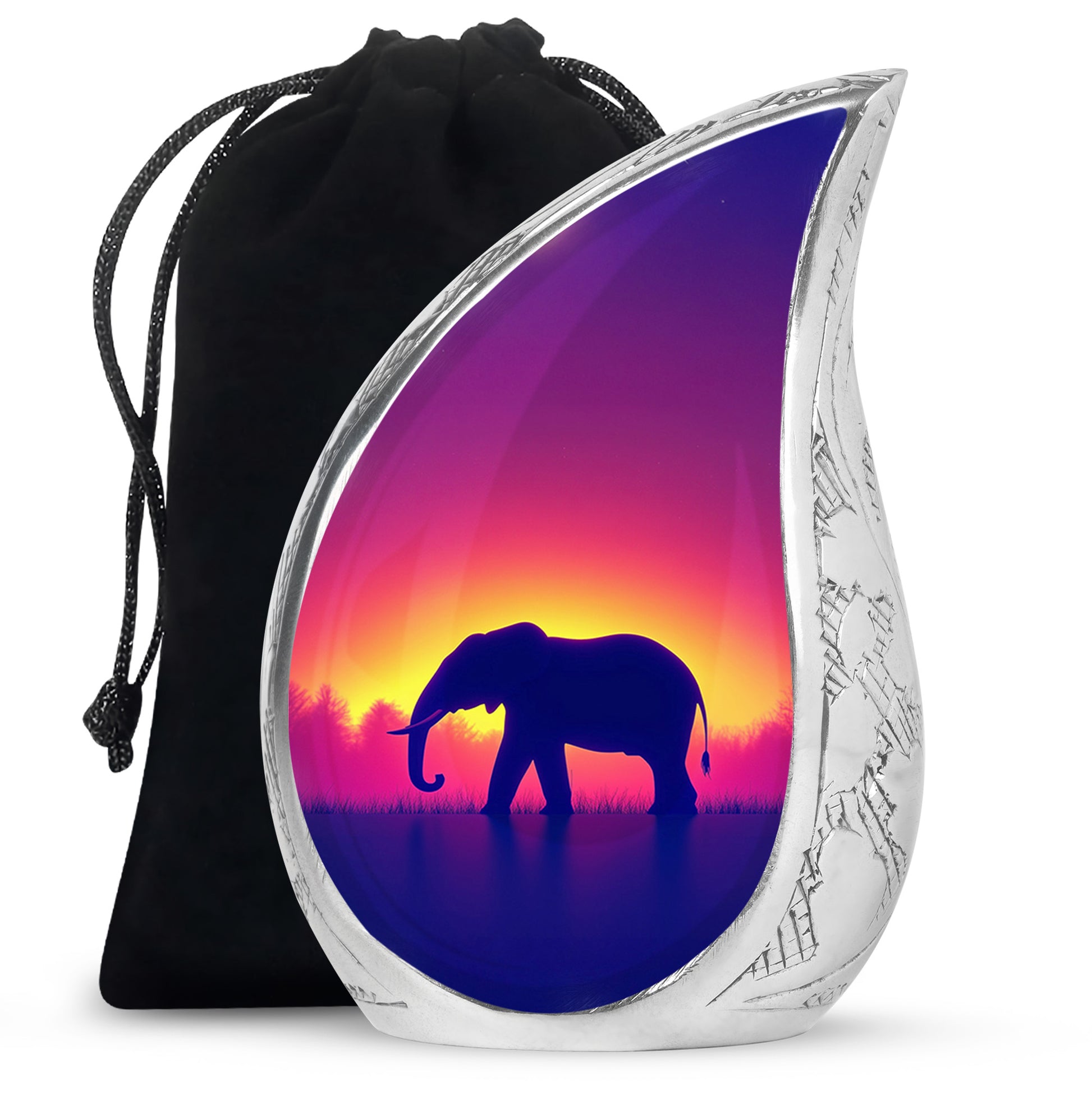 Coral Pink Elephant Cremation Urn front view showing detailed design - rounded teardrop elephant design with delicate detail - full-size 10 inch 200 cubic inch adult cremation urn