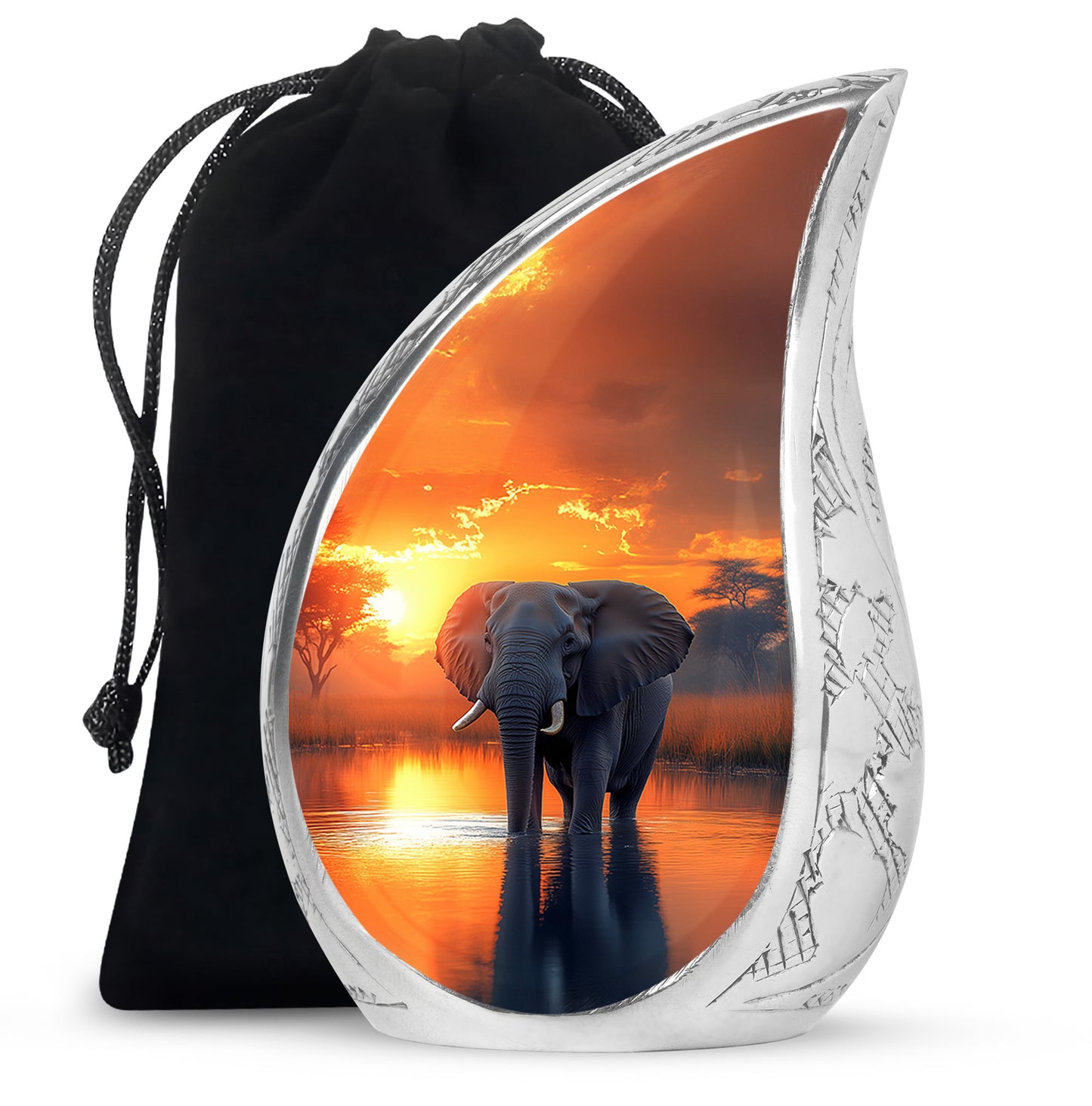 Antique Gold Elephant Cremation Urn front view showing detailed design - flowing teardrop elephant silhouette on curved aluminum - full-size 10 inch 200 cubic inch adult cremation urn