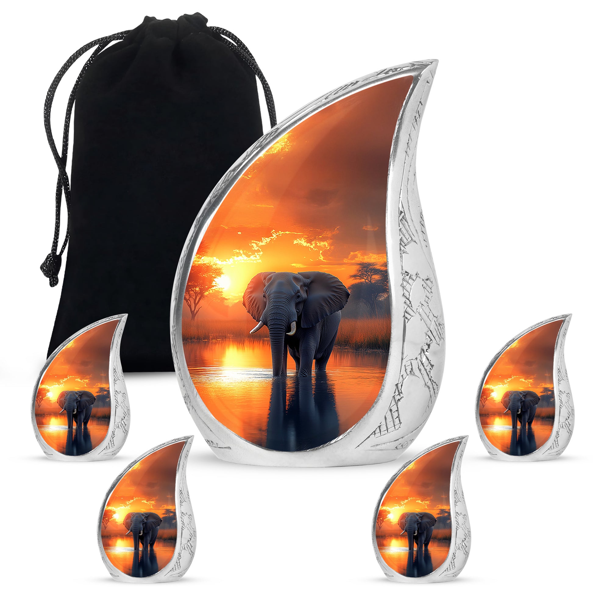 Gilded Gold Elephant Cremation Urn side profile showing urn shape - flowing teardrop elephant silhouette on curved aluminum - memorial set with one large and four small urns