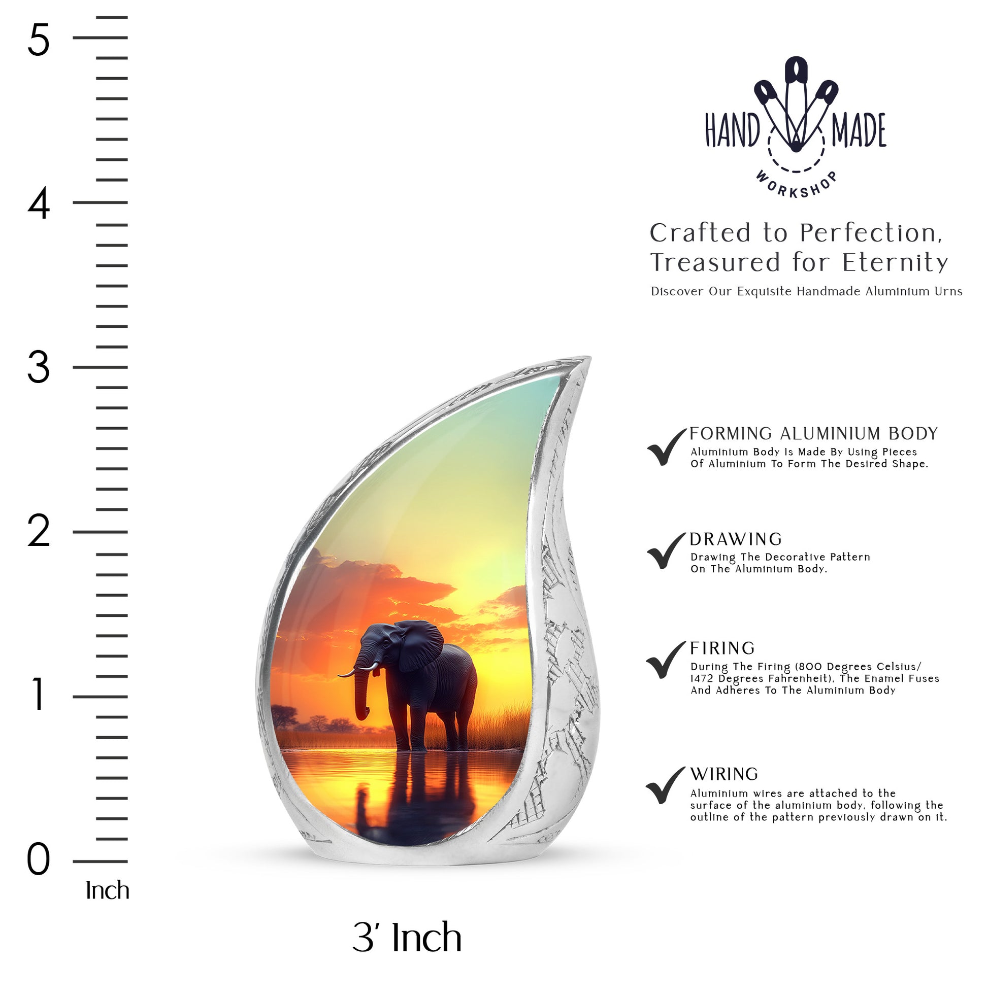 Warm Gold Elephant Cremation Urn angled view of lid and engraved motif - graceful tear-shaped urn with elephant motif - mini keepsake memorial for portion of cremation ashes