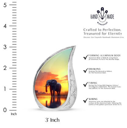Warm Gold Elephant Cremation Urn angled view of lid and engraved motif - graceful tear-shaped urn with elephant motif - mini keepsake memorial for portion of cremation ashes
