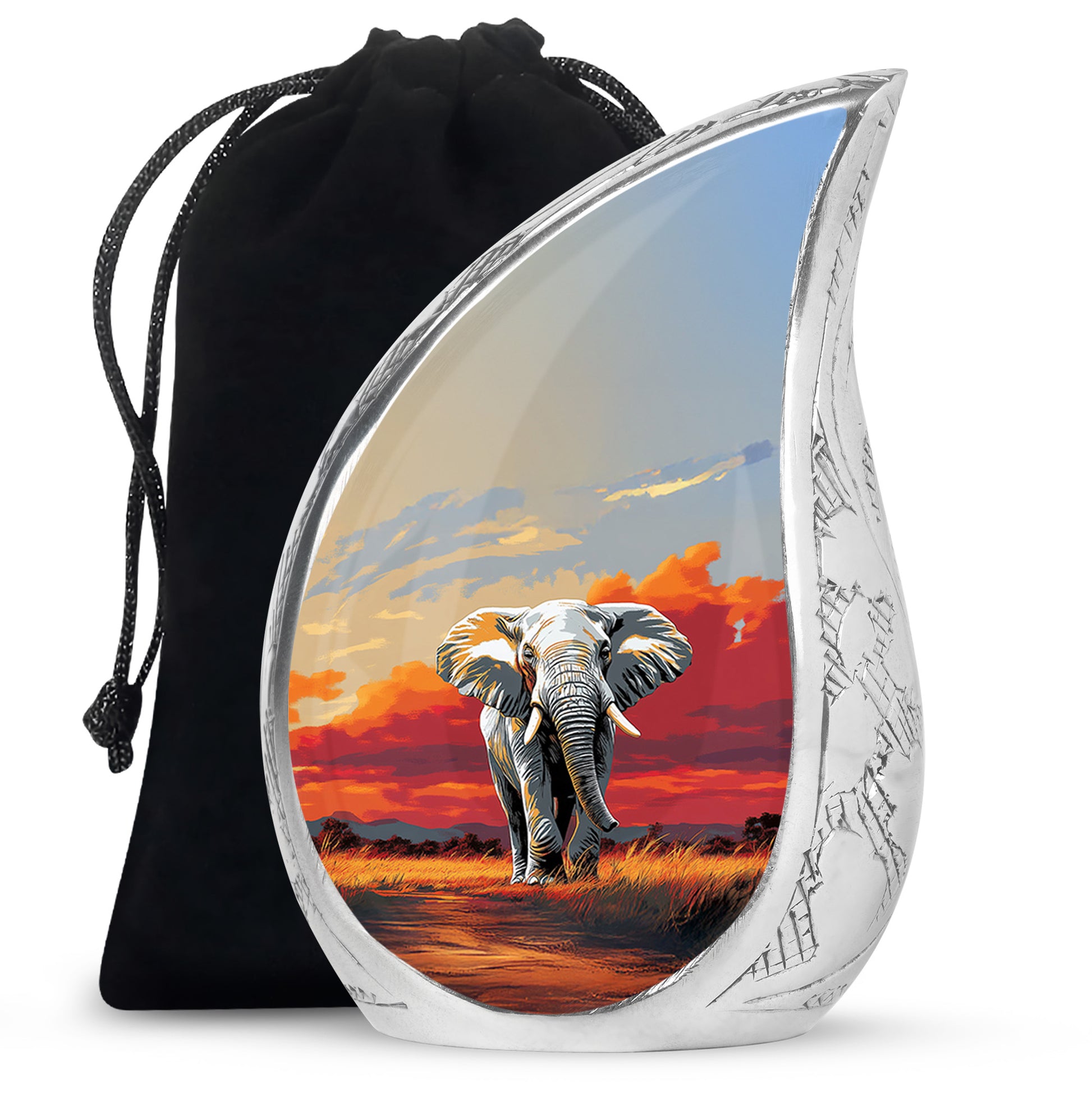Slate Gray Elephant Cremation Urn front view showing detailed design - smooth teardrop contour featuring elephant art - full-size 10 inch 200 cubic inch adult cremation urn