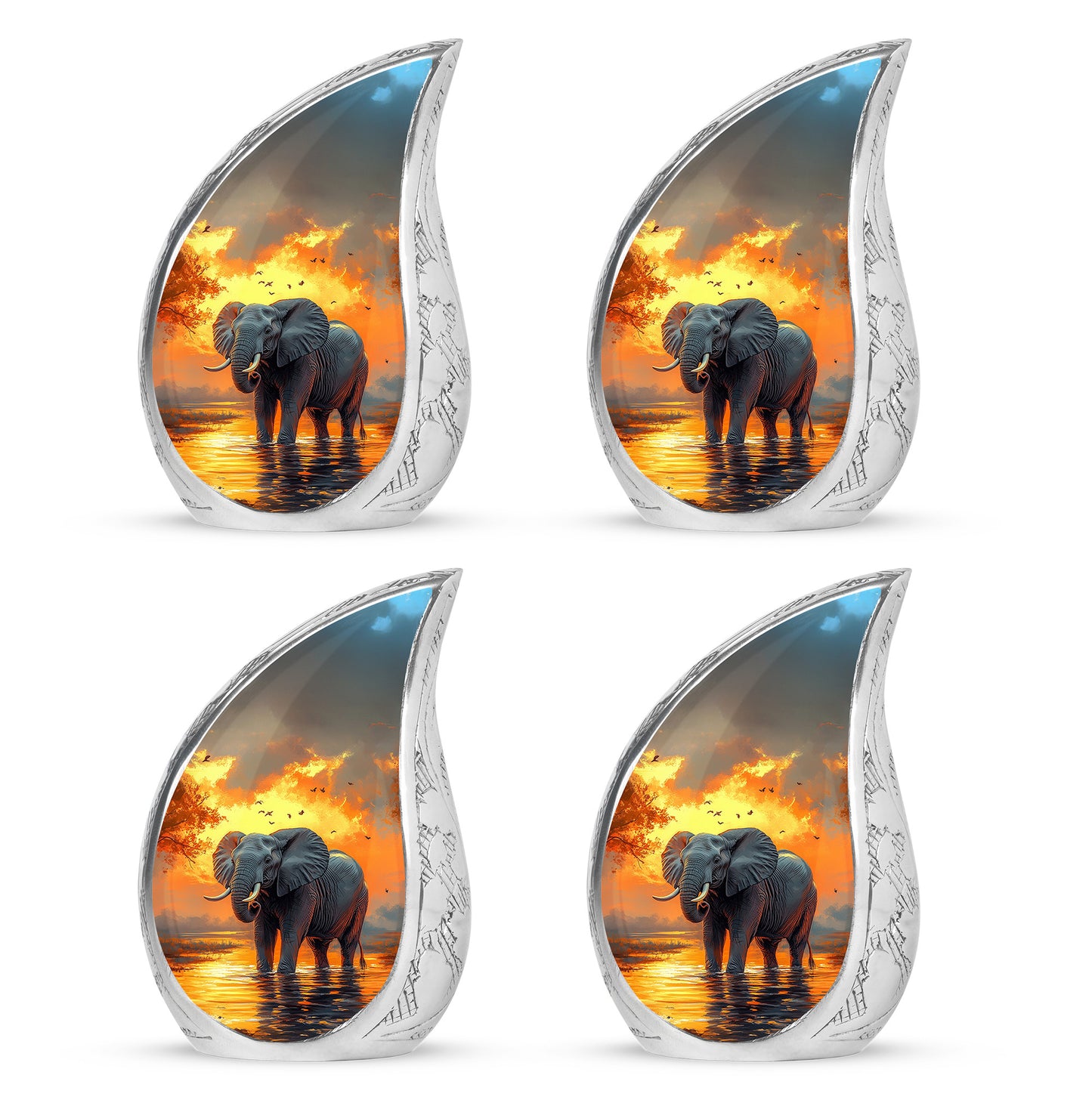 Gilded Gold Elephant Cremation Urn close-up of engraving and surface detail - flowing teardrop elephant silhouette on curved aluminum - 10 inch aluminum urn for cremated remains