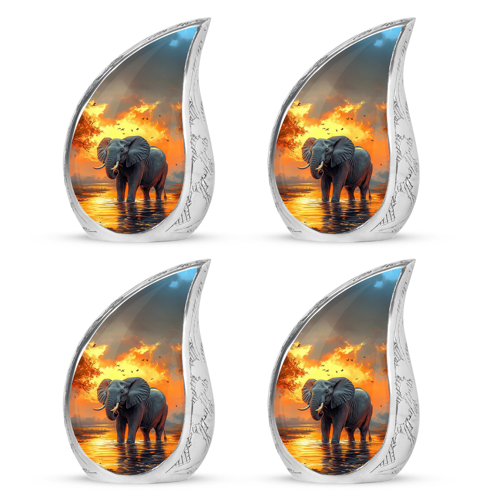 Gilded Gold Elephant Cremation Urn close-up of engraving and surface detail - flowing teardrop elephant silhouette on curved aluminum - 10 inch aluminum urn for cremated remains