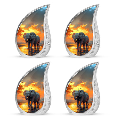 Gilded Gold Elephant Cremation Urn close-up of engraving and surface detail - flowing teardrop elephant silhouette on curved aluminum - 10 inch aluminum urn for cremated remains