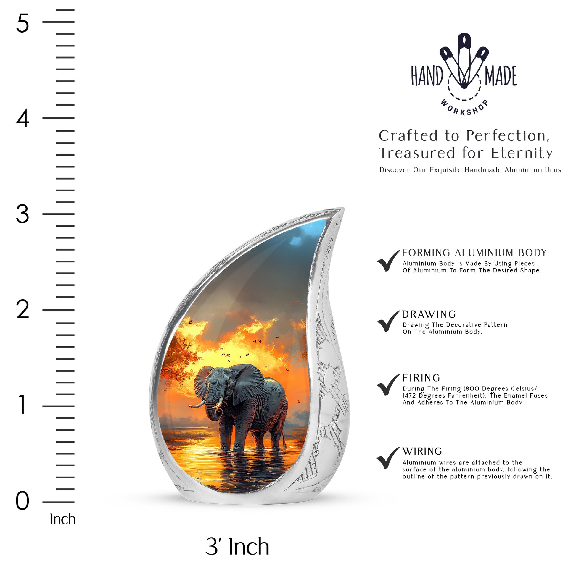 Champagne Gold Elephant Cremation Urn angled view of lid and engraved motif - flowing teardrop elephant silhouette on curved aluminum - mini keepsake memorial for portion of cremation ashes