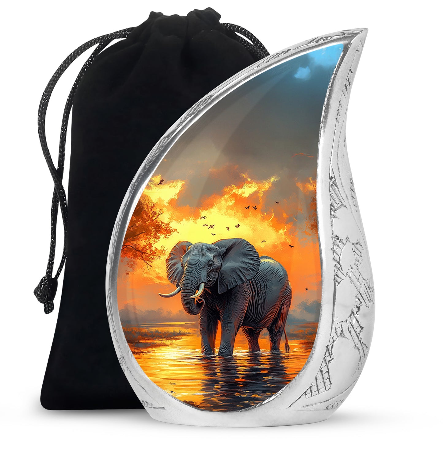 Matte Gold Elephant Cremation Urn front view showing detailed design - smooth teardrop contour featuring elephant art - full-size 10 inch 200 cubic inch adult cremation urn