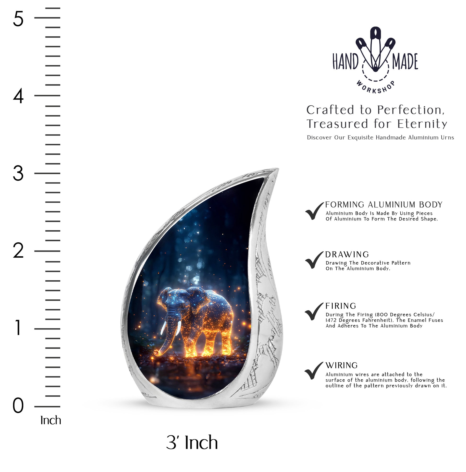 Celestial Blue Elephant Cremation Urn angled view of lid and engraved motif - rounded teardrop elephant design with delicate detail - mini keepsake memorial for portion of cremation ashes