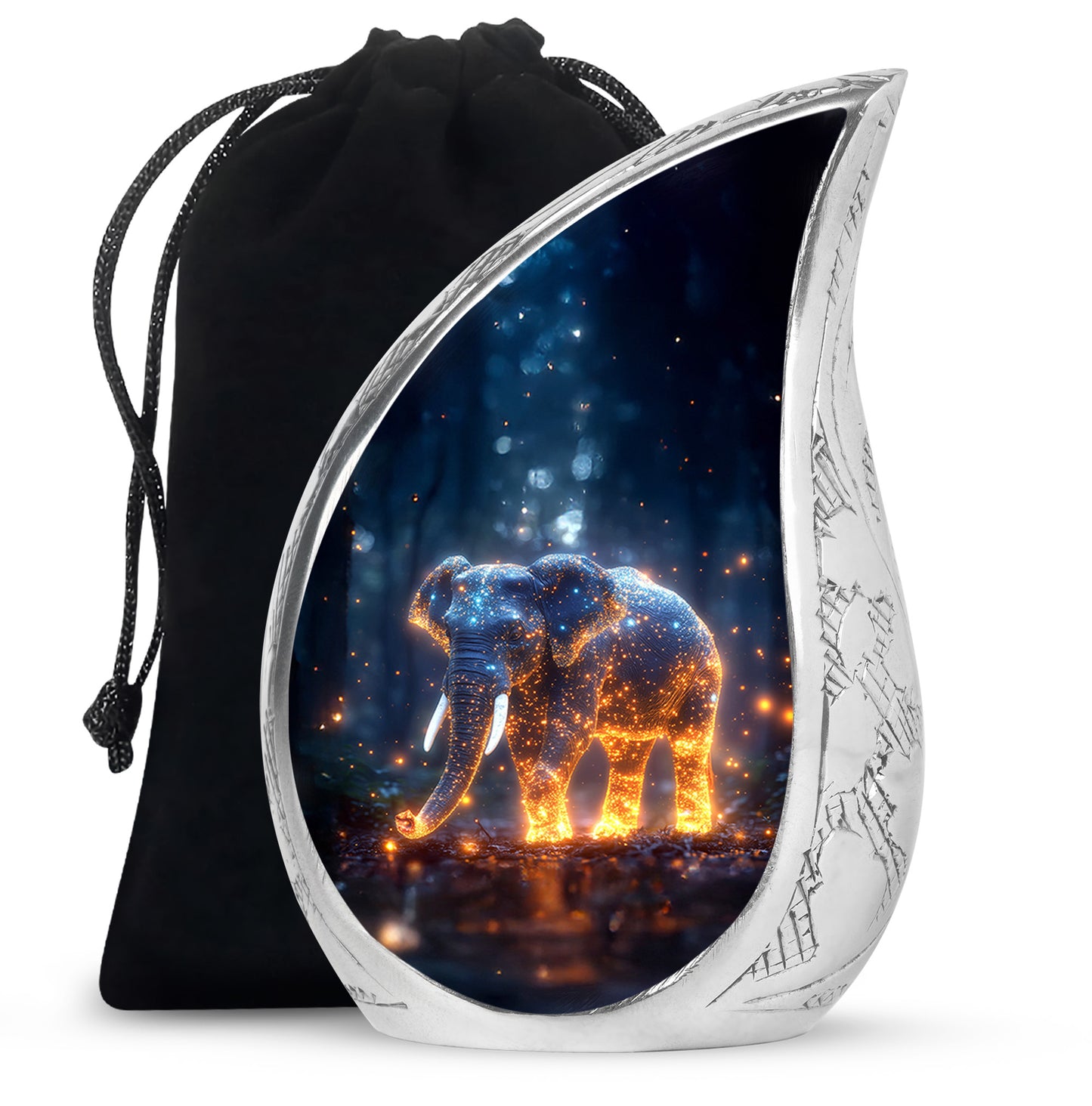 Cobalt Blue Elephant Cremation Urn front view showing detailed design - smooth teardrop contour featuring elephant art - full-size 10 inch 200 cubic inch adult cremation urn