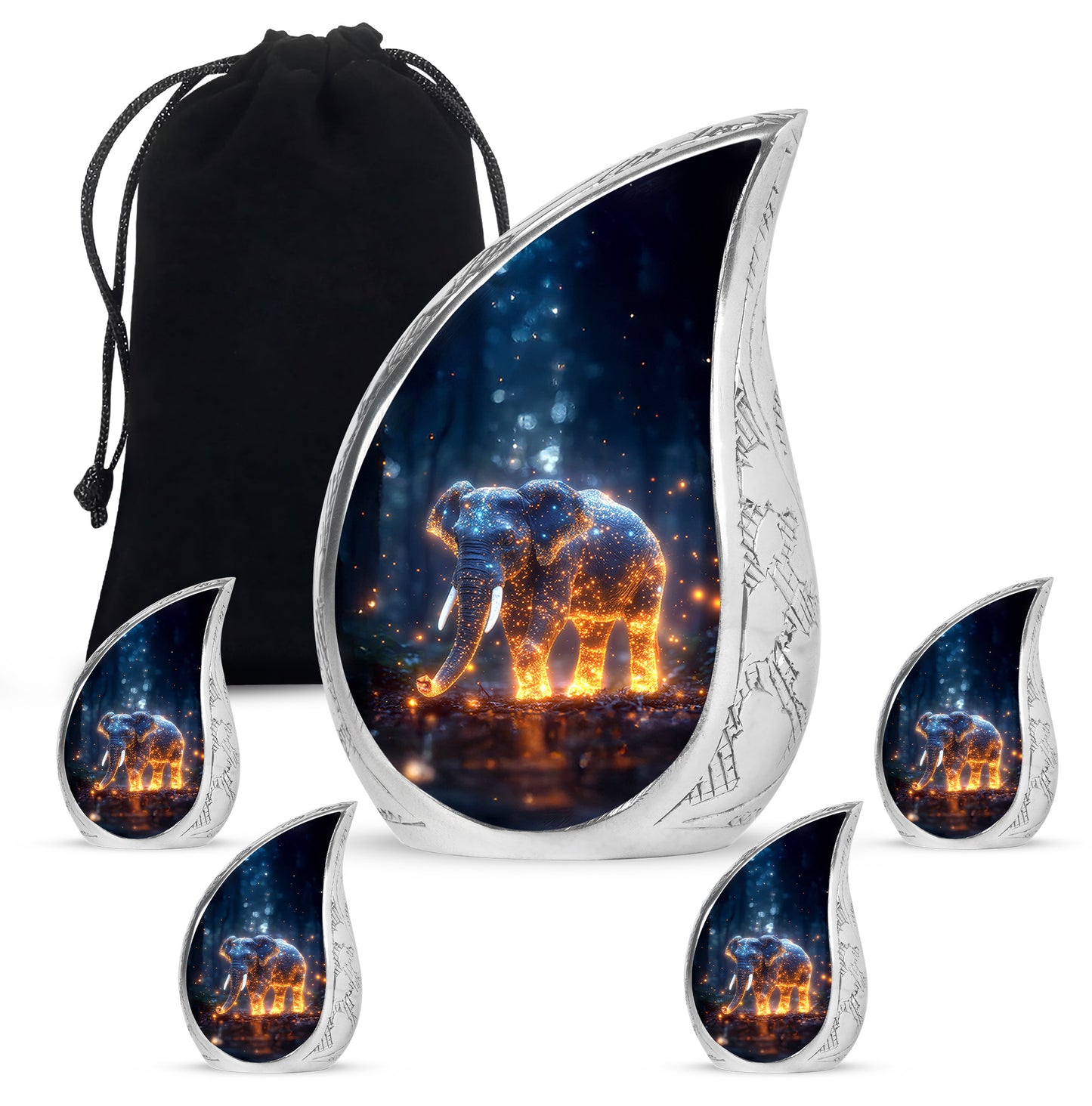 Slate Blue Elephant Cremation Urn side profile showing urn shape - flowing teardrop elephant silhouette on curved aluminum - memorial set with one large and four small urns