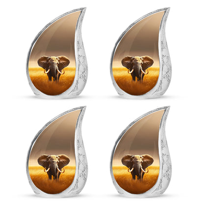 Harvest Gold Elephant Cremation Urn close-up of engraving and surface detail - graceful tear-shaped urn with elephant motif - 10 inch aluminum urn for cremated remains