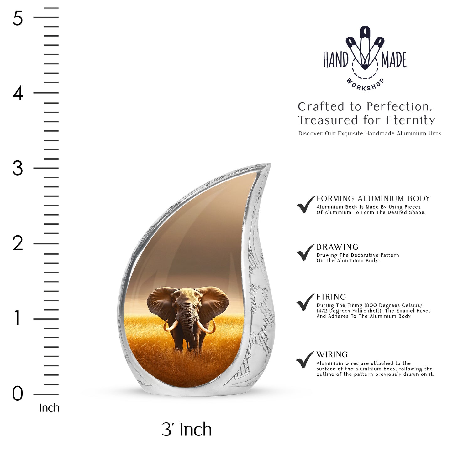 Gilded Gold Elephant Cremation Urn angled view of lid and engraved motif - flowing teardrop elephant silhouette on curved aluminum - mini keepsake memorial for portion of cremation ashes