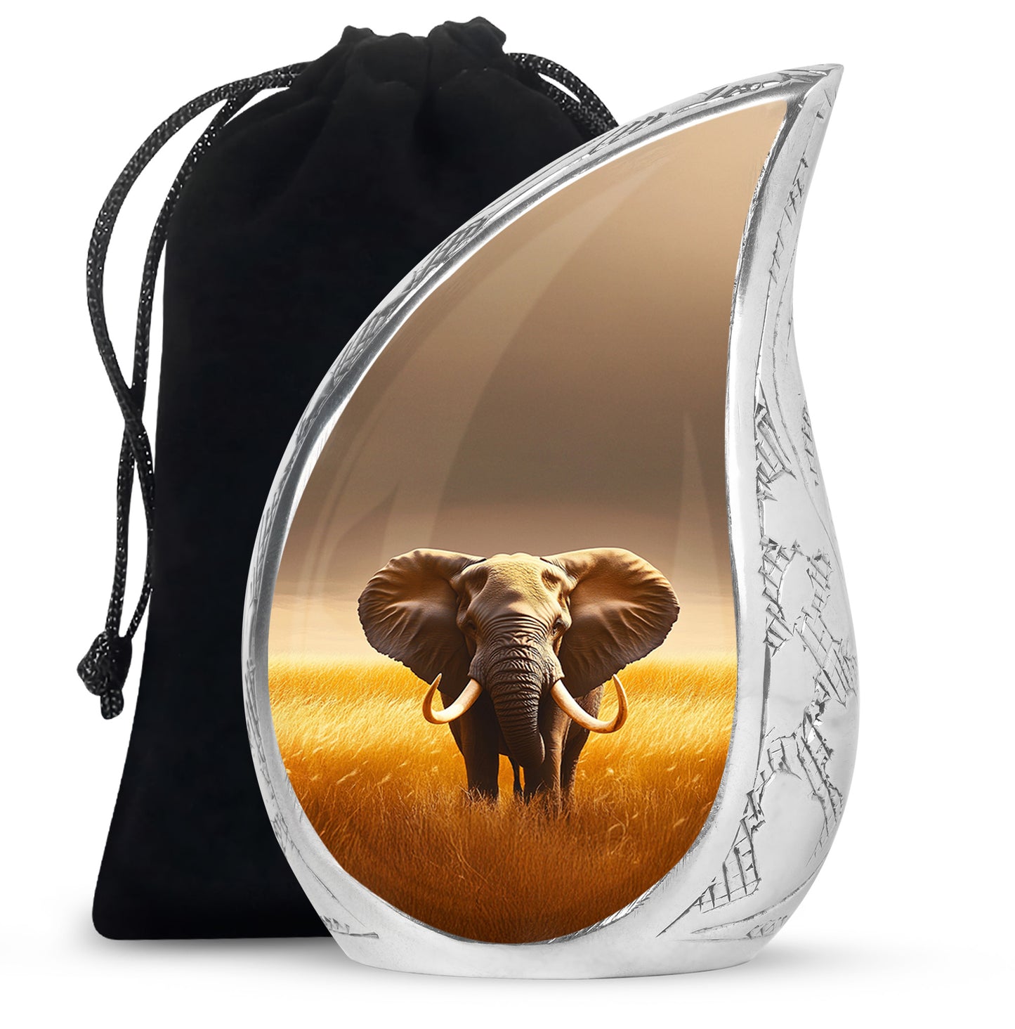 Gilded Gold Elephant Cremation Urn front view showing detailed design - rounded teardrop elephant design with delicate detail - full-size 10 inch 200 cubic inch adult cremation urn