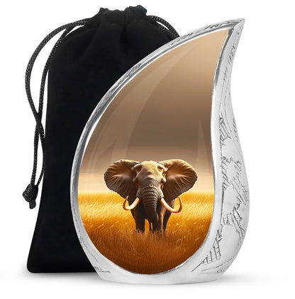 Gilded Gold Elephant Cremation Urn front view showing detailed design - rounded teardrop elephant design with delicate detail - full-size 10 inch 200 cubic inch adult cremation urn