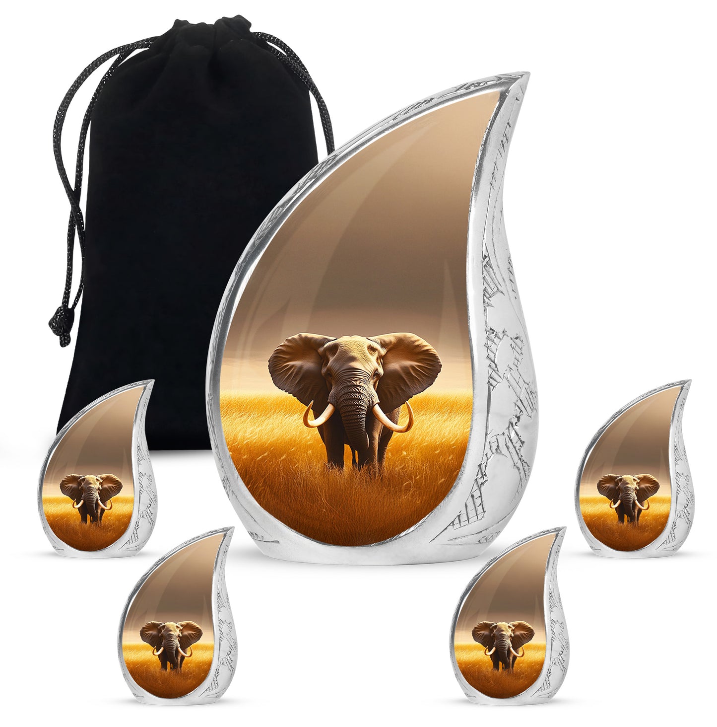 Amber Gold Elephant Cremation Urn side profile showing urn shape - flowing teardrop elephant silhouette on curved aluminum - memorial set with one large and four small urns