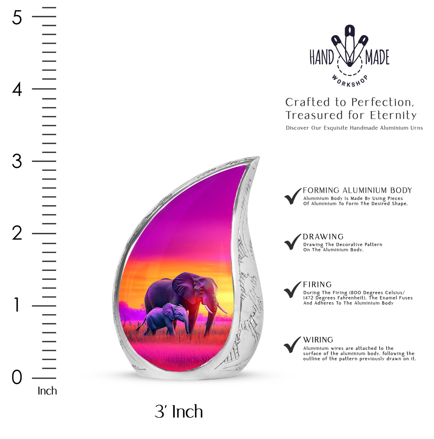 Blush Pink Elephant Cremation Urn angled view of lid and engraved motif - flowing teardrop elephant silhouette on curved aluminum - mini keepsake memorial for portion of cremation ashes