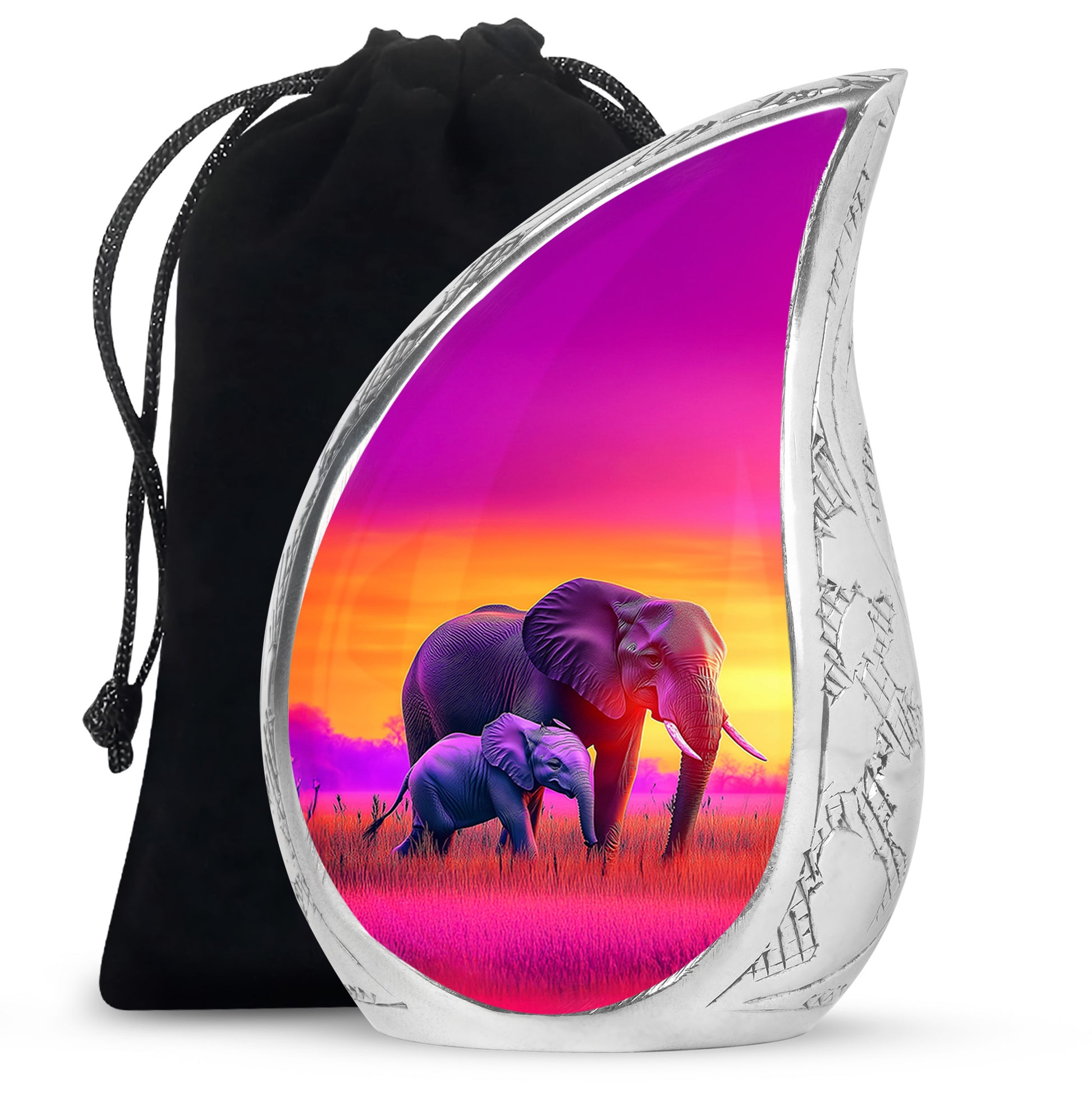 Salmon Pink Elephant Cremation Urn front view showing detailed design - graceful tear-shaped urn with elephant motif - full-size 10 inch 200 cubic inch adult cremation urn
