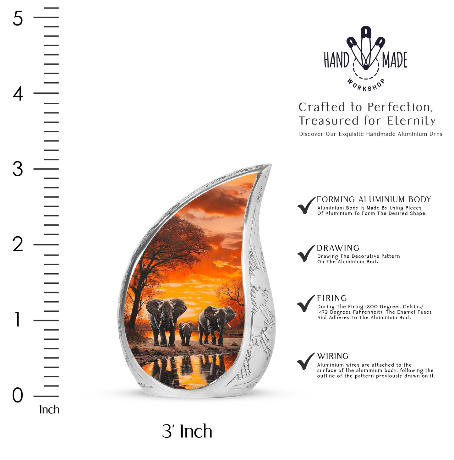 Burnished Gold Elephant Cremation Urn angled view of lid and engraved motif - graceful tear-shaped urn with elephant motif - mini keepsake memorial for portion of cremation ashes