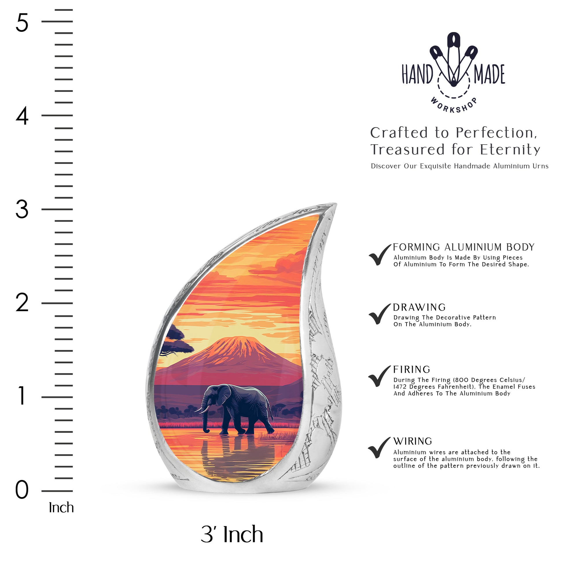 Antique Gold Elephant Cremation Urn angled view of lid and engraved motif - rounded teardrop elephant design with delicate detail - mini keepsake memorial for portion of cremation ashes