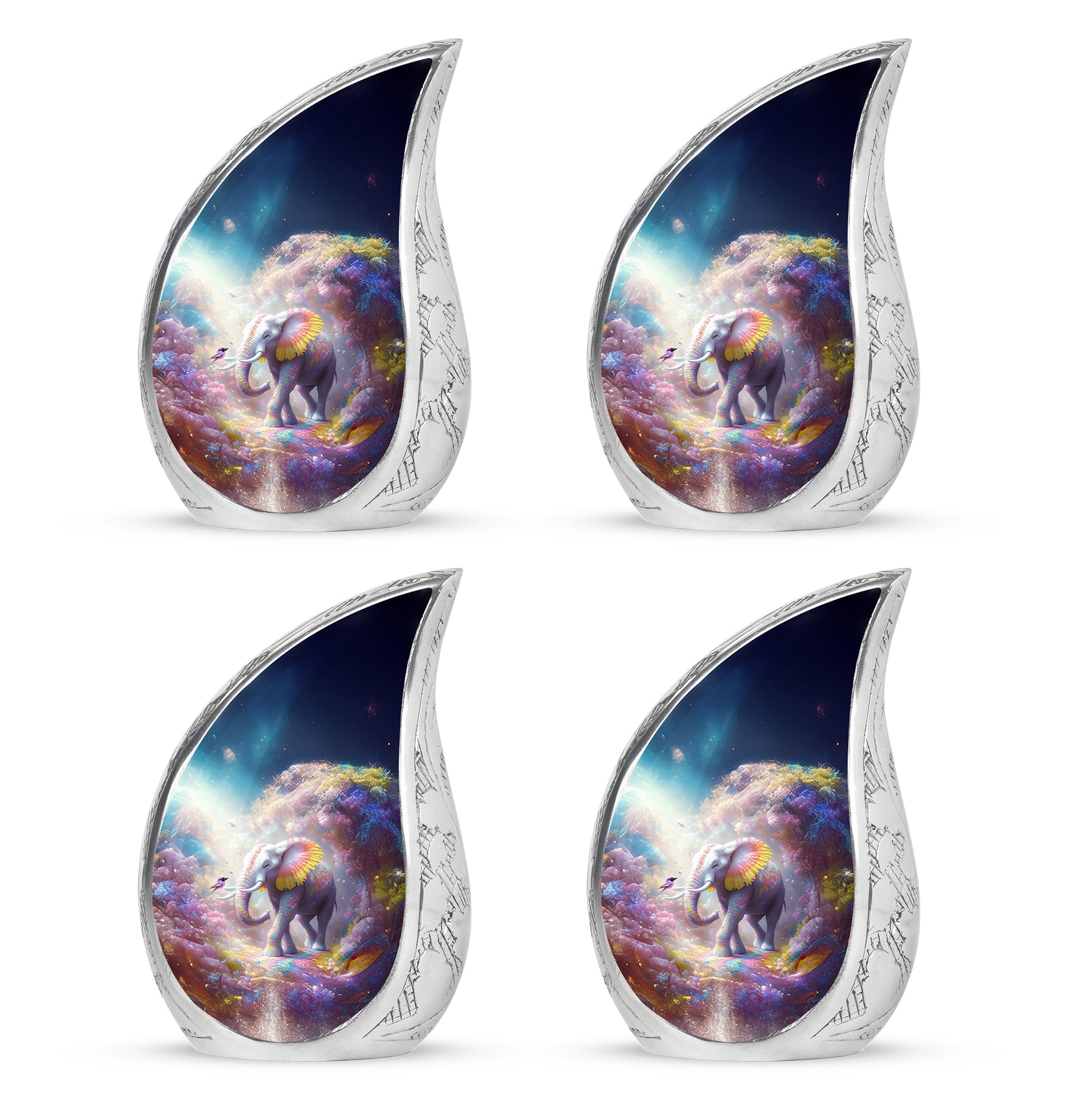 Indigo Elephant Cremation Urn close-up of engraving and surface detail - flowing teardrop elephant silhouette on curved aluminum - 10 inch aluminum urn for cremated remains