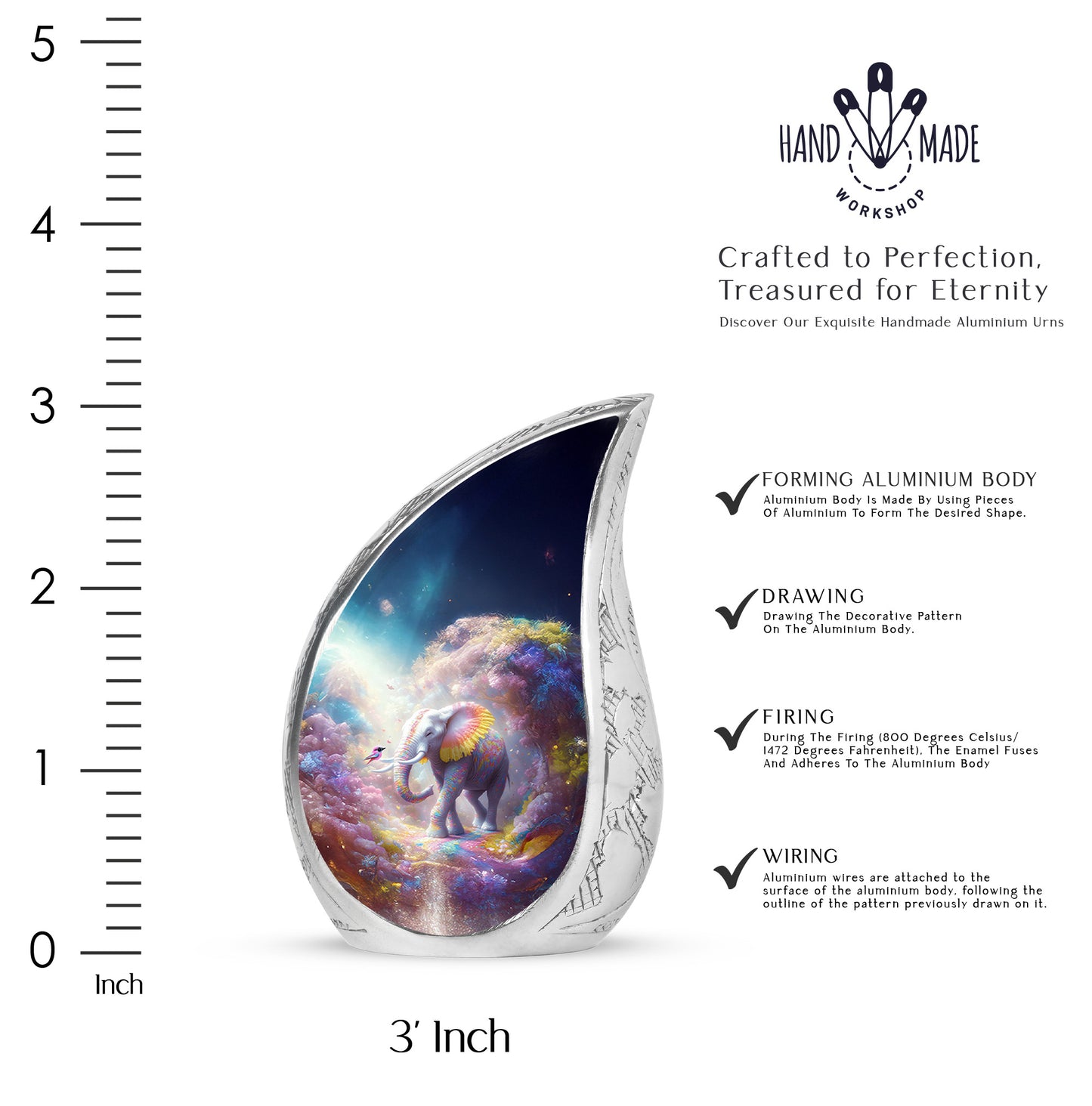 Cornflower Blue Elephant Cremation Urn angled view of lid and engraved motif - graceful tear-shaped urn with elephant motif - mini keepsake memorial for portion of cremation ashes