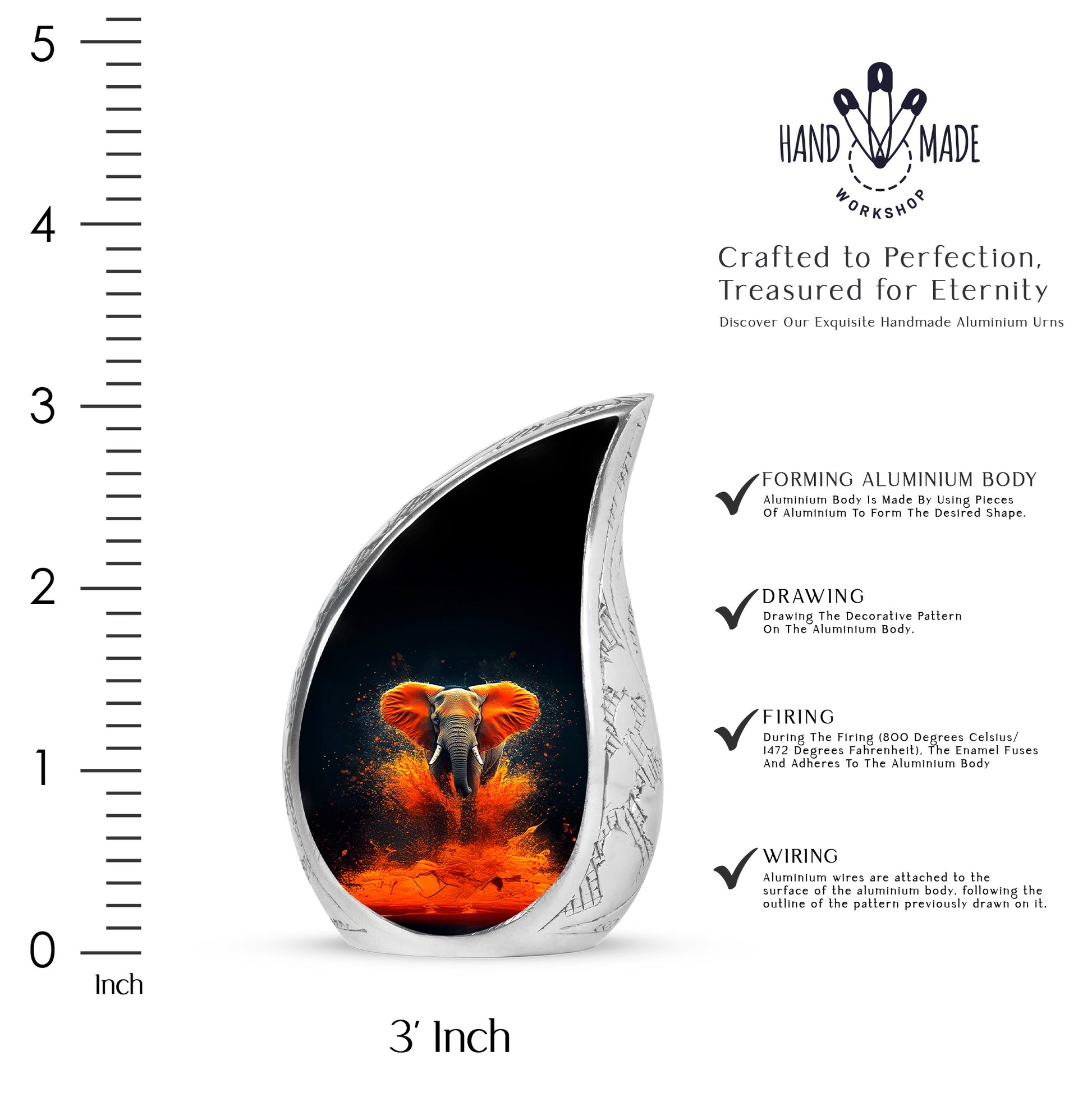 Glossy Black Elephant Cremation Urn angled view of lid and engraved motif - flowing teardrop elephant silhouette on curved aluminum - mini keepsake memorial for portion of cremation ashes