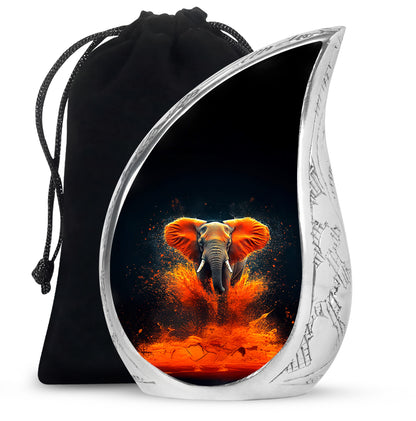 Jet Black Elephant Cremation Urn front view showing detailed design - rounded teardrop elephant design with delicate detail - full-size 10 inch 200 cubic inch adult cremation urn