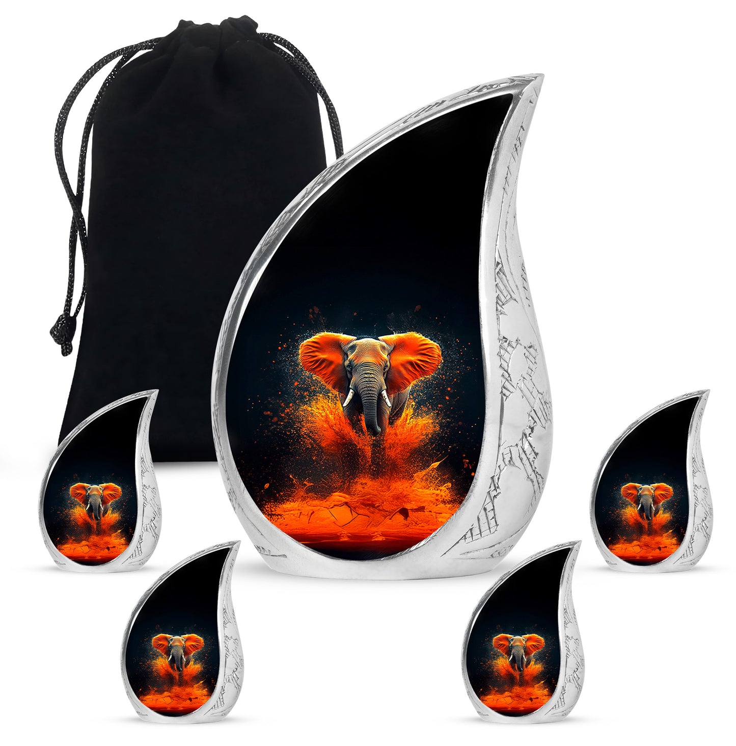 Ebony Elephant Cremation Urn side profile showing urn shape - flowing teardrop elephant silhouette on curved aluminum - memorial set with one large and four small urns
