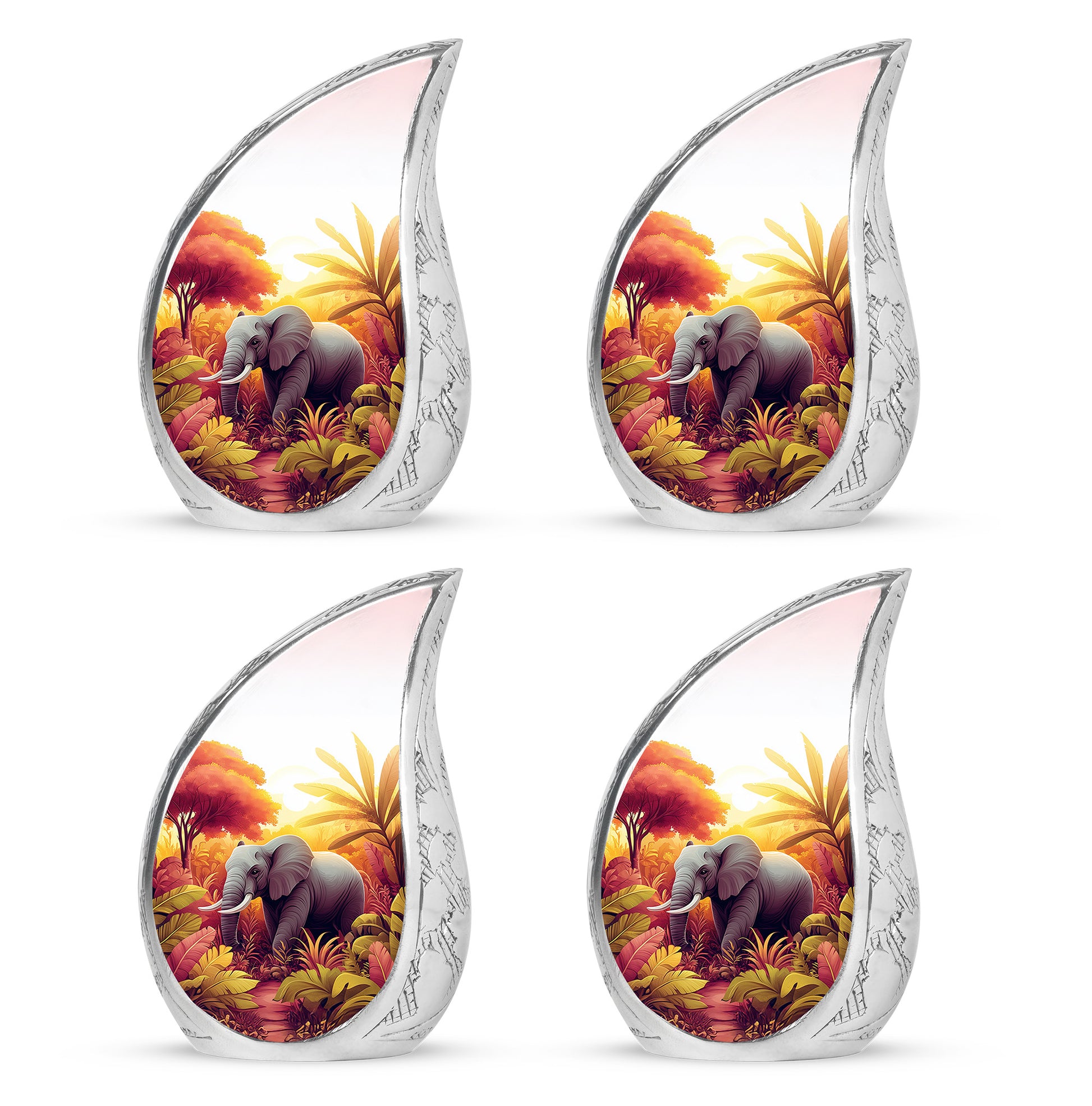 Brushed Silver Elephant Cremation Urn close-up of engraving and surface detail - rounded teardrop elephant design with delicate detail - 10 inch aluminum urn for cremated remains