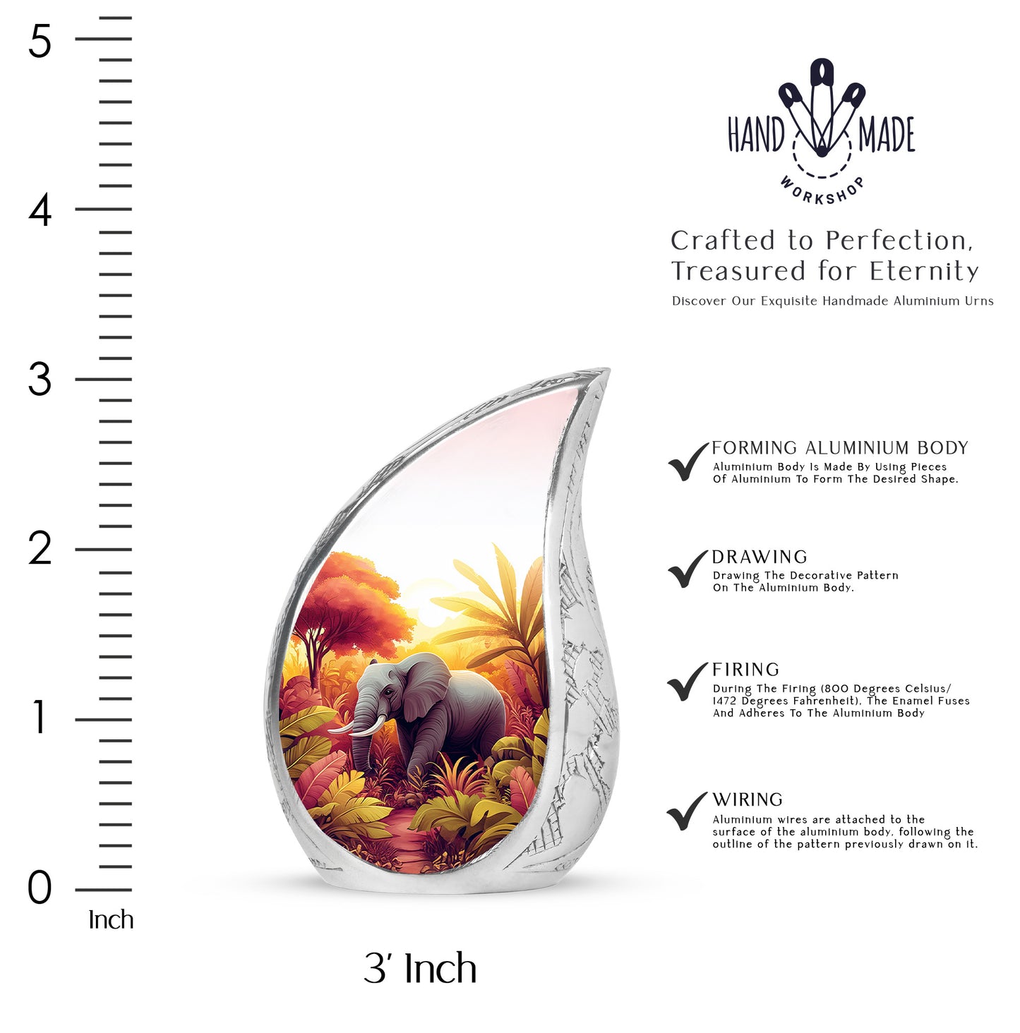 Frosted Silver Elephant Cremation Urn angled view of lid and engraved motif - smooth teardrop contour featuring elephant art - mini keepsake memorial for portion of cremation ashes