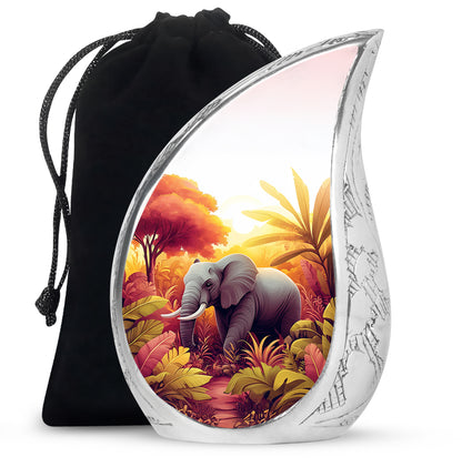 Moonlight Silver Elephant Cremation Urn front view showing detailed design - smooth teardrop contour featuring elephant art - full-size 10 inch 200 cubic inch adult cremation urn