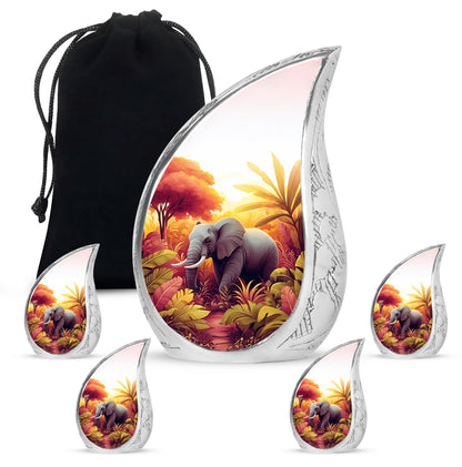Platinum Silver Elephant Cremation Urn side profile showing urn shape - flowing teardrop elephant silhouette on curved aluminum - memorial set with one large and four small urns