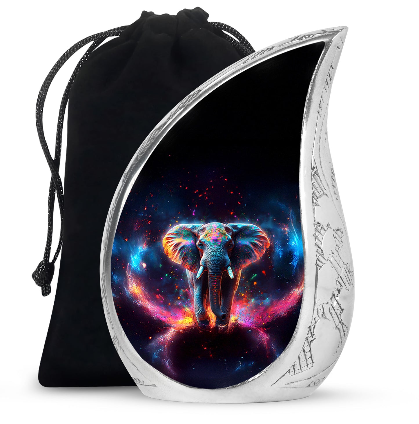 Glossy Black Elephant Cremation Urn front view showing detailed design - flowing teardrop elephant silhouette on curved aluminum - full-size 10 inch 200 cubic inch adult cremation urn