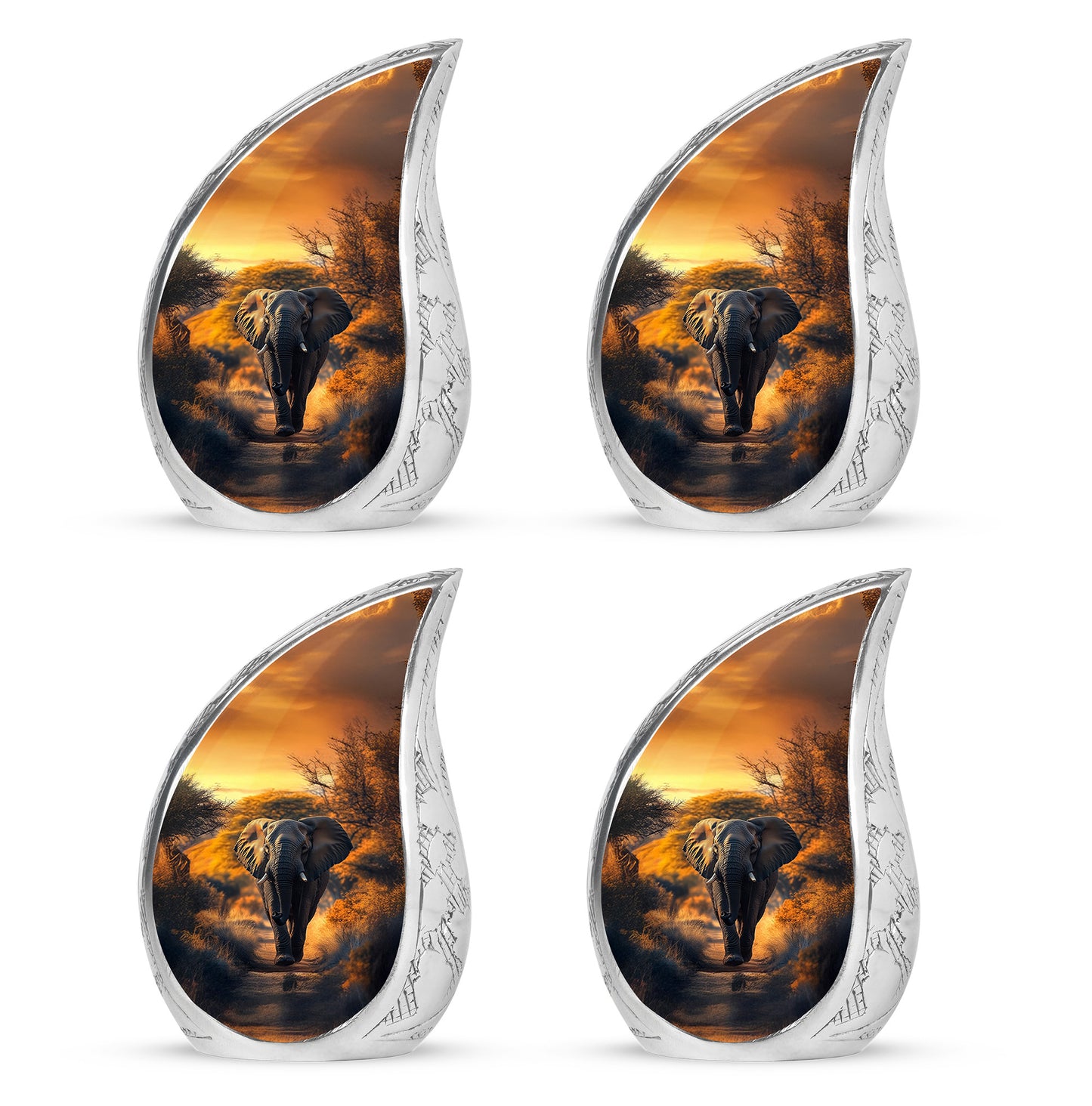 Champagne Gold Elephant Cremation Urn close-up of engraving and surface detail - rounded teardrop elephant design with delicate detail - 10 inch aluminum urn for cremated remains