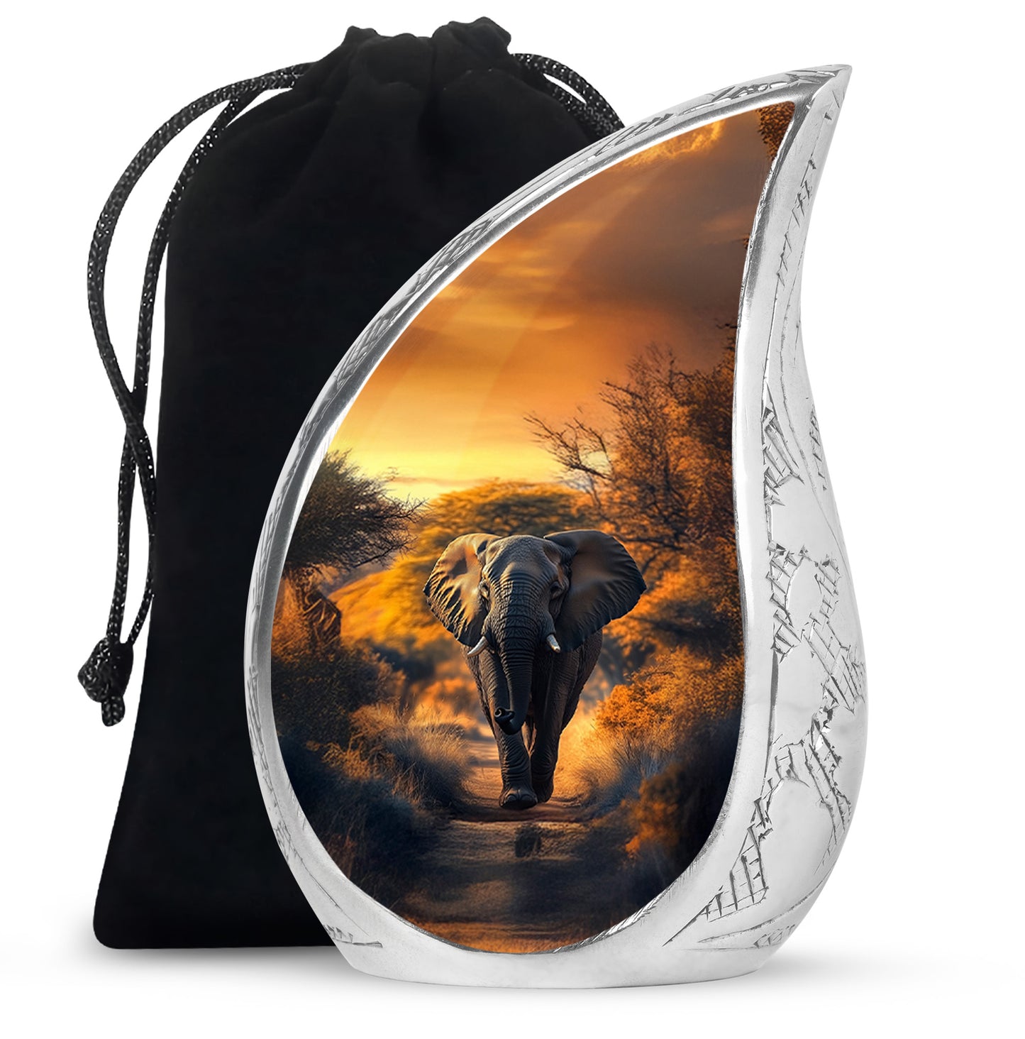 Burnished Gold Elephant Cremation Urn front view showing detailed design - smooth teardrop contour featuring elephant art - full-size 10 inch 200 cubic inch adult cremation urn