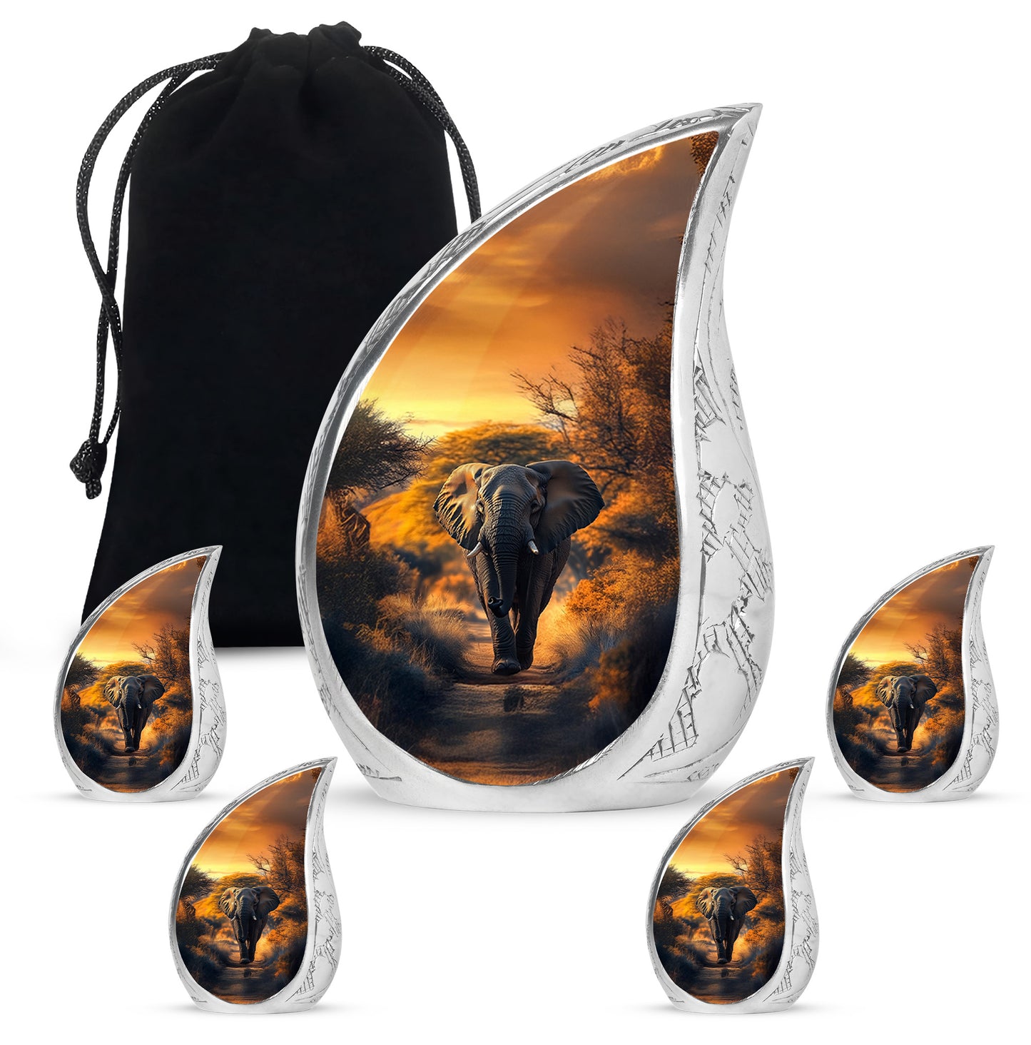 Gilded Gold Elephant Cremation Urn side profile showing urn shape - flowing teardrop elephant silhouette on curved aluminum - memorial set with one large and four small urns