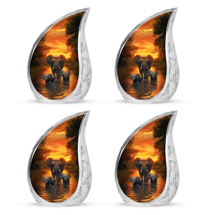 Harvest Gold Elephant Cremation Urn close-up of engraving and surface detail - smooth teardrop contour featuring elephant art - 10 inch aluminum urn for cremated remains