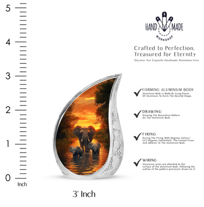 Burnished Gold Elephant Cremation Urn angled view of lid and engraved motif - graceful tear-shaped urn with elephant motif - mini keepsake memorial for portion of cremation ashes