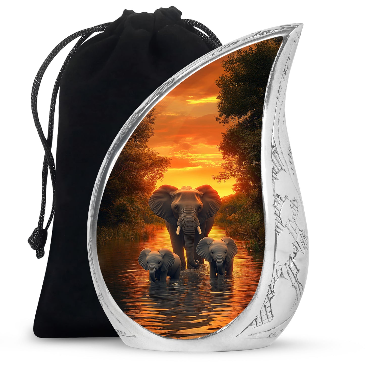 Burnished Gold Elephant Cremation Urn front view showing detailed design - graceful tear-shaped urn with elephant motif - full-size 10 inch 200 cubic inch adult cremation urn