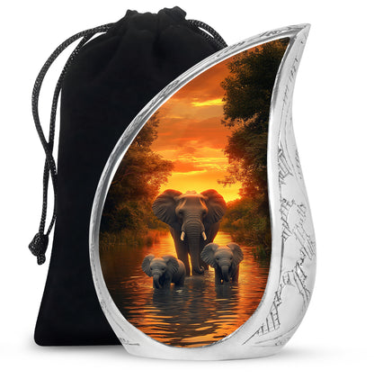Burnished Gold Elephant Cremation Urn front view showing detailed design - graceful tear-shaped urn with elephant motif - full-size 10 inch 200 cubic inch adult cremation urn