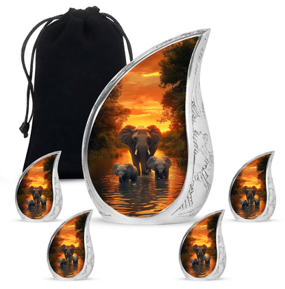 Burnished Gold Elephant Cremation Urn side profile showing urn shape - smooth teardrop contour featuring elephant art - memorial set with one large and four small urns