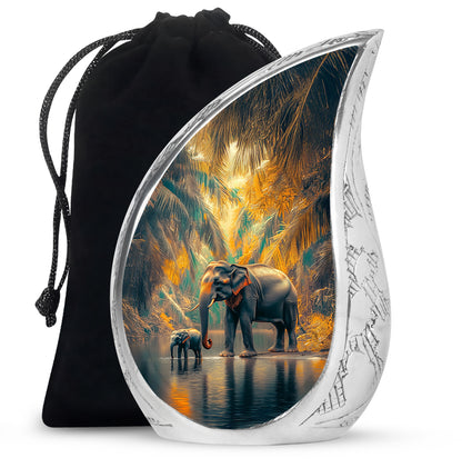 Cool Teal Elephant Cremation Urn front view showing detailed design - rounded teardrop elephant design with delicate detail - full-size 10 inch 200 cubic inch adult cremation urn